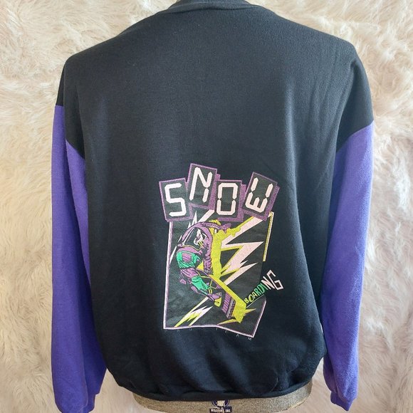 Vintage 90s Sun Sations Sport Wear Snow Pro Team Black Purple Sweatshirt XL - Picture 2 of 13